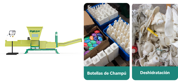 Deshidratación y compactación de botellas de champú